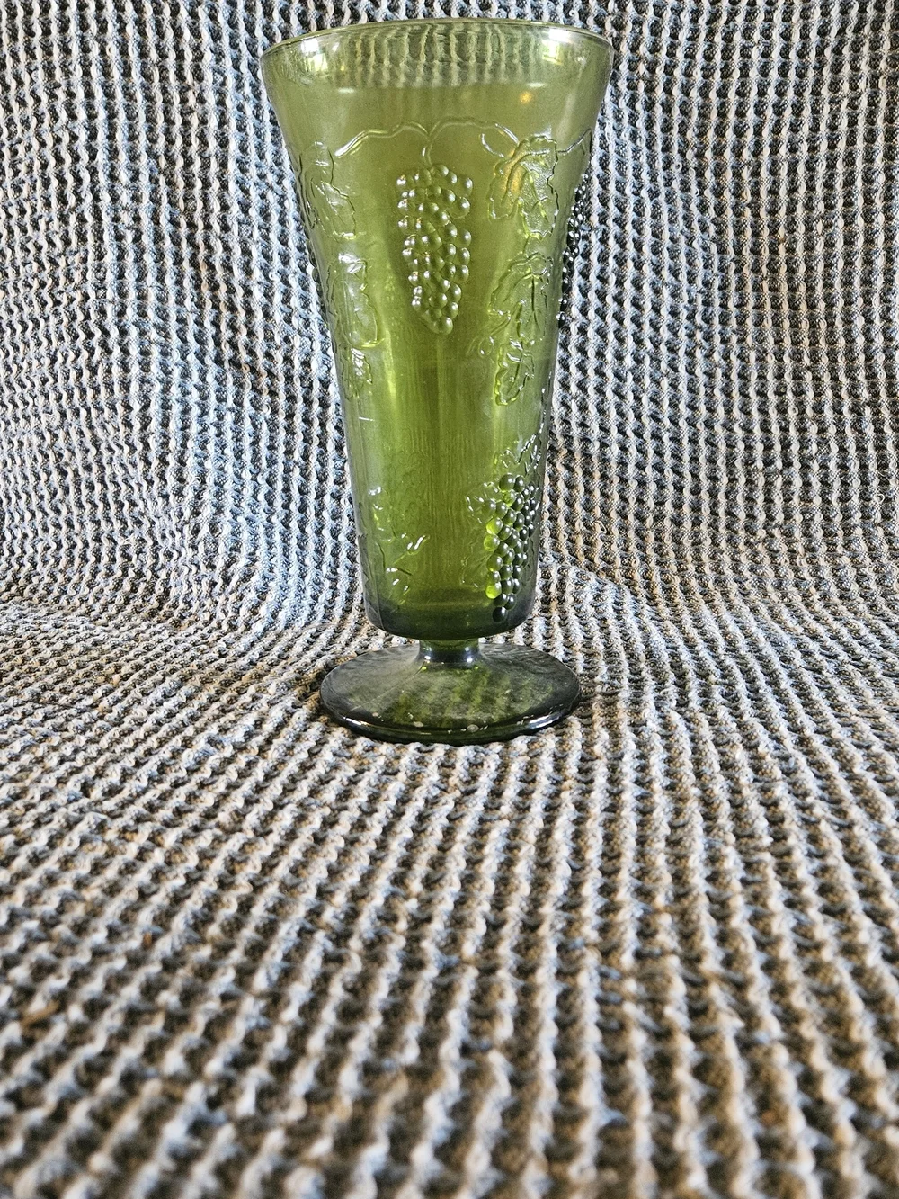 Green Pressed Glass Goblet with Grape Motif
